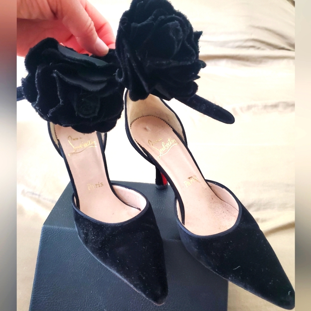 Christian Louboutin Black Suede, Flower Ankle Strap, Red Bottom, 3" Heels. 36.5